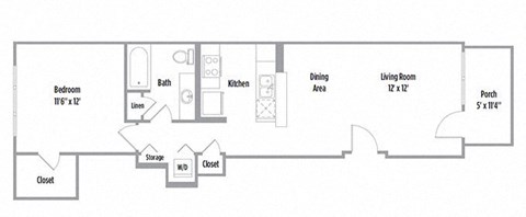 Floor plan for 1 bed, 1 bath, 687 sqft